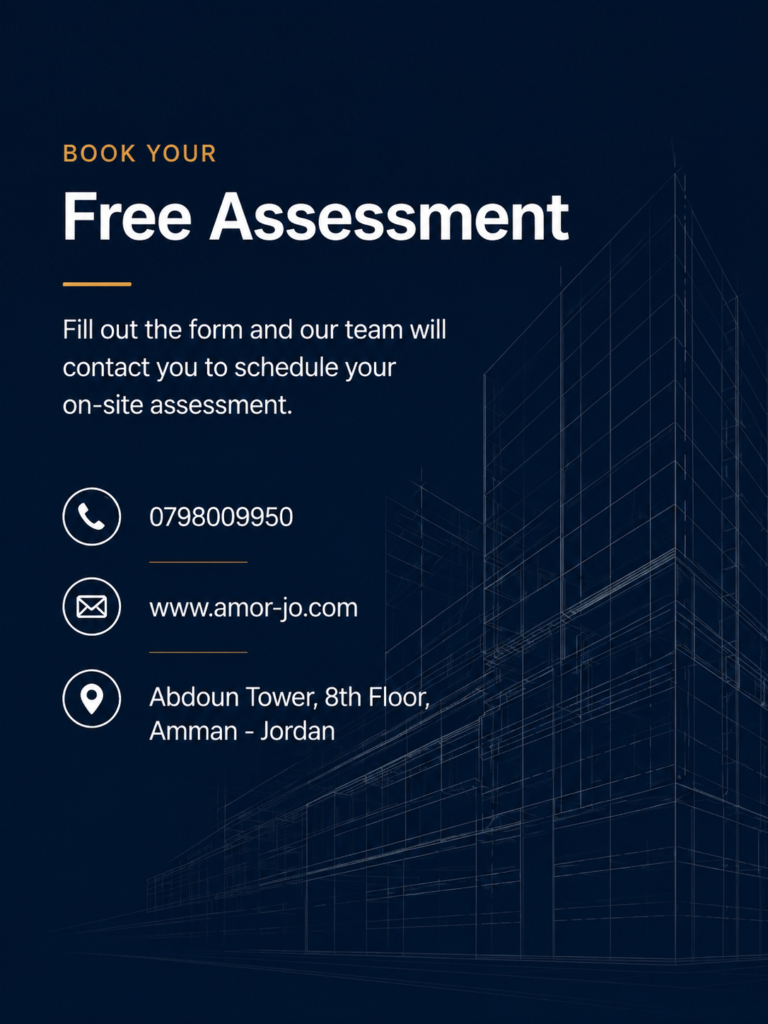 AMOR free assessment contact panel with phone number, website, and office location on a dark blue architectural background.