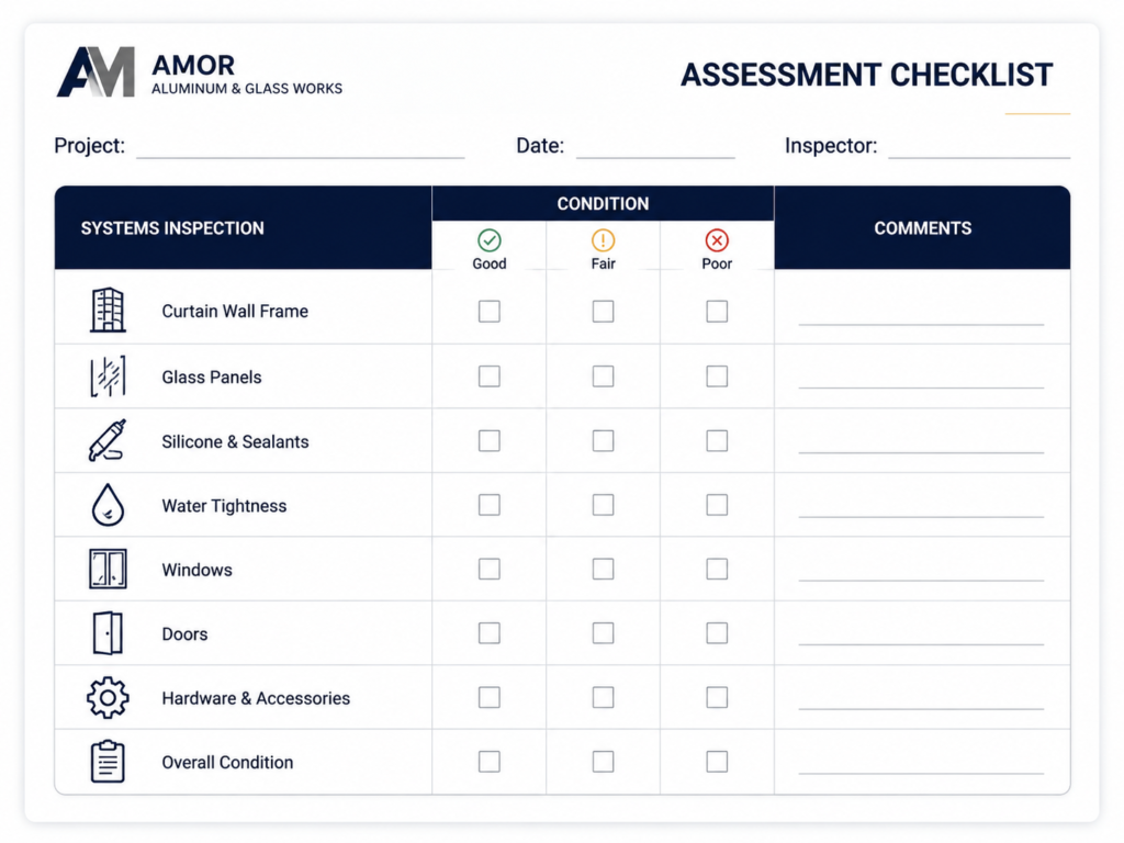 AMOR assessment checklist for facade and aluminum systems inspection